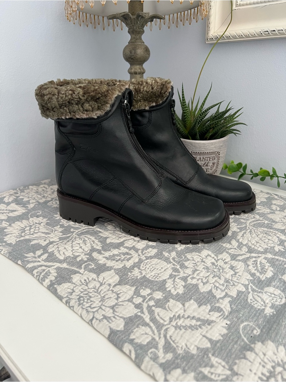 Black Leather Fur-Trim Ankle Booties with Front Zip